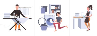 set adam ütü giyim kadın çamaşır makinesi ne kirli giysiler koyarak ev işleri farklı housekeeping koleksiyonu tam uzunlukta düz yatay yapıyor