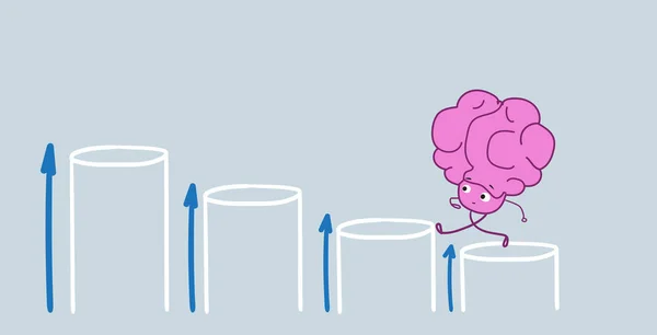 Bonito humano cérebro escalada carreira escada crescente financeiro gráfico rosa cartoon personagem gráfico de negócios conceito estilo kawaii horizontal —  Vetores de Stock