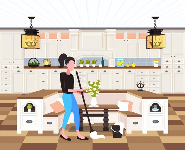Femme au foyer nettoyage de sol femme nettoyage à l'aide de la serpillière service ménage concept cuisine moderne intérieur pleine longueur plat horizontal — Image vectorielle