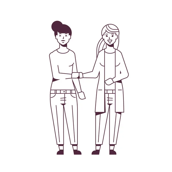 ビジネスウーマン握手ビジネスパートナーカップル握手会の間に握手を交わすパートナーシップコンセプト女性同僚が一緒に立っているスケッチ落書きラインスタイル全長 — ストックベクタ