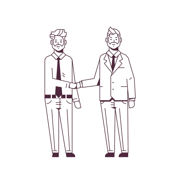 Пара бізнесменів рукостискання ділових партнерів рука трясеться під час зустрічі угода концепція партнерства чоловіків-колег у формальному носінні, що стоїть разом стиль ескізної лінії повної довжини — стоковий вектор
