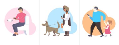 köpek ile klozet yürüyüş ve çocuk farklı dijital bağımlılık kavramları toplama düz yatay ile gidiyor gadget'lar kullanarak yarış erkekler set