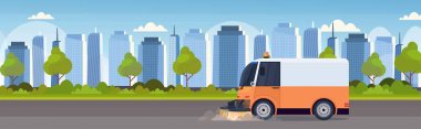 sokak süpürücü kamyon makine temizleme işlemi endüstriyel araç kentsel yol hizmeti konsepti modern cityscape arka plan yatay afiş düz