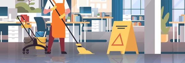 Janitor mopping floor cleaner in uniform cleaning service concept trolley cart with supplies creative co-working center office interior flat closeup portrait horizontal banner — Stock Vector