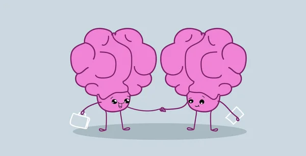 Cérebro humano casal de negócios apertando as mãos bem sucedido acordo de parceria conceito rosa personagens de desenhos animados estilo kawaii horizontal esboço mão desenhada — Vetor de Stock
