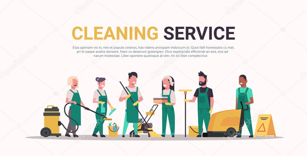 janitors team cleaning service concept male female mix race cleaners in uniform working together with professional equipment flat full length horizontal copy space