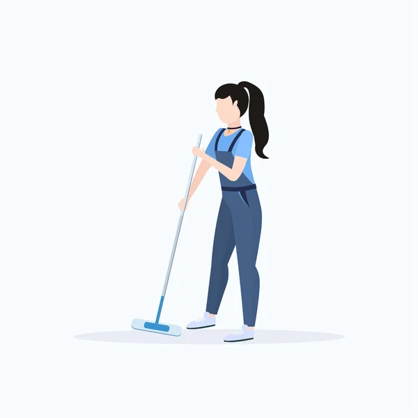 여성 관리인 에 균일 한 걸레 바닥 여자 청소기 보유 걸레 청소 서비스 개념 전체 길이 평면 흰색 배경 — 스톡 벡터