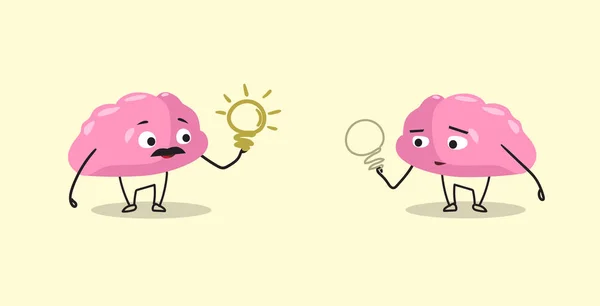 Lucu otak manusia pasangan karakter kartun merah muda memegang lampu ide kreatif konsep kawaii horizontal gaya - Stok Vektor