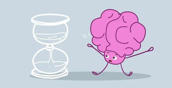 Cerebro humano de pie en el reloj de arena plazo de gestión concepto rosa personaje de dibujos animados kawaii estilo boceto horizontal dibujado a mano — Vector de stock