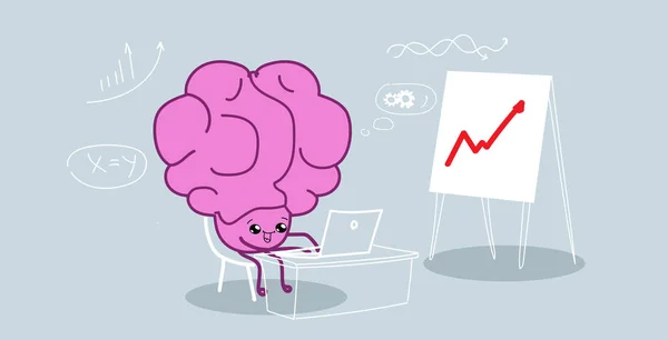 Lindo cerebro humano utilizando portátil análisis de gráfico financiero en flip chart lluvia de ideas concepto rosa personaje de dibujos animados kawaii estilo horizontal — Archivo Imágenes Vectoriales