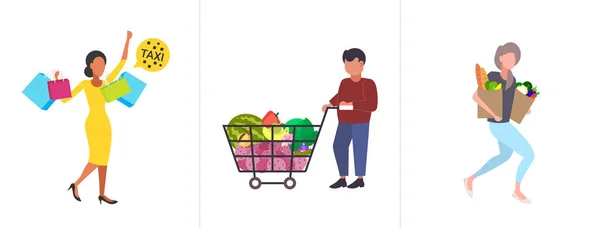 Définir les gens avec des achats et des produits d'épicerie grandes ventes saisonnières concepts de shopping collection hommes femmes acheteurs tenant épicerie et sacs en papier plat pleine longueur horizontale — Image vectorielle