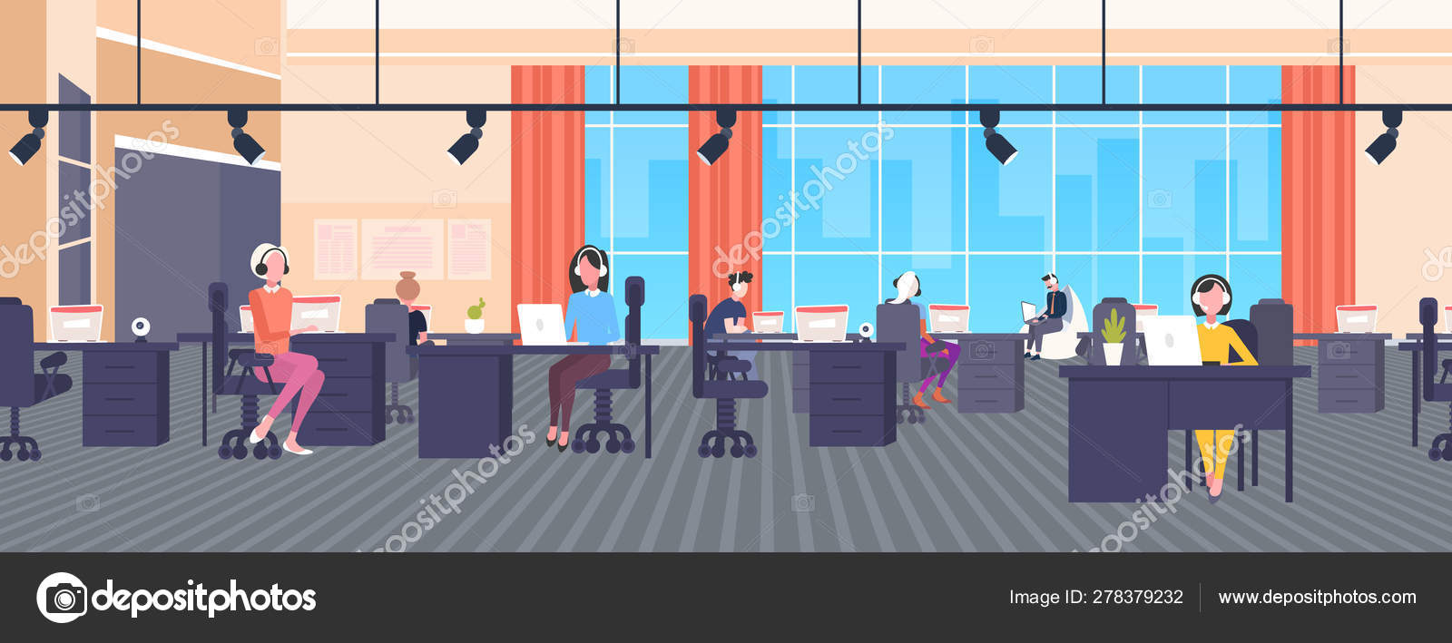 Coworkers In Headset Operators Sitting At Workplace Desks Call