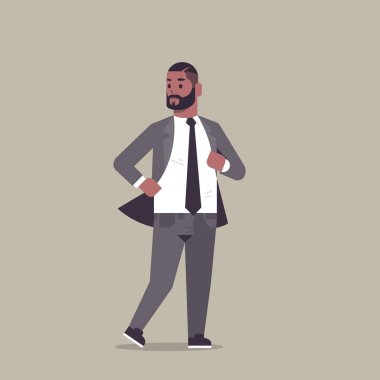 resmi giyim ayakta işadamı poz gülümseyen erkek çizgi film karakteri afrikalı-amerikalı iş adamı ofis çalışanı dans düz tam uzunlukta poz