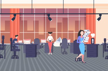 yaratıcı co-çalışma açık uzay merkezi çalışma süreci kavramı modern çalışma alanı ofis iç düz yatay tam uzunlukta işyerinde iş kadınları