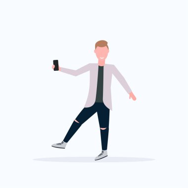 akıllı telefon kamera rahat erkek çizgi film karakteri poz beyaz arka plan düz tam uzunlukta selfie fotoğraf çekmek adam
