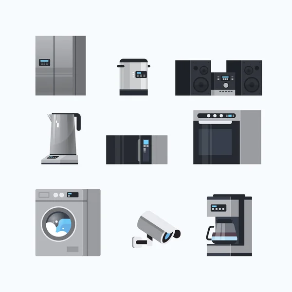 Conjunto de eletrodomésticos diferentes casa elétrica equipamentos coleção Flat fundo branco —  Vetores de Stock