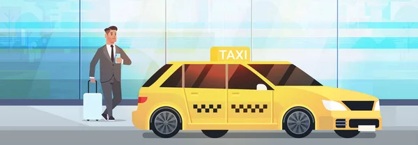 Affärsman med mobilapp beställning taxi på gatan affärsman i formella slitage med bagage nära Yellow CAB City transportservice koncept full längd Flat horisontell — Stock vektor