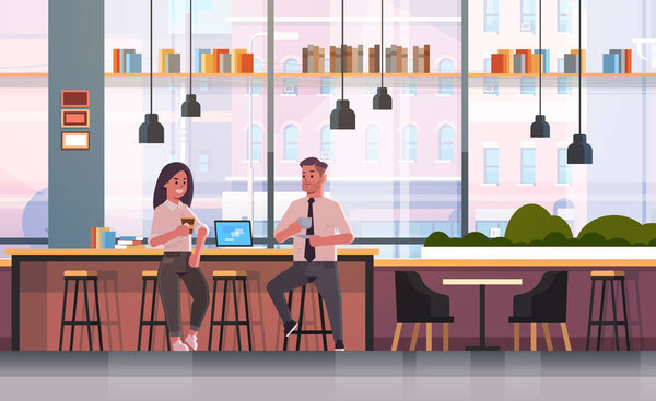 couple sitting on chair at bar counter with laptop coffee break concept business man woman drinking cappuccino during meeting modern cafe interior flat full length horizontal