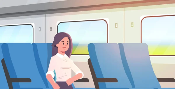 Mujer de negocios viajando en tren mujer de pasajeros sentada en silla cómoda durante el viaje de negocios viaje de larga distancia concepto de transporte público retrato plano horizontal — Vector de stock