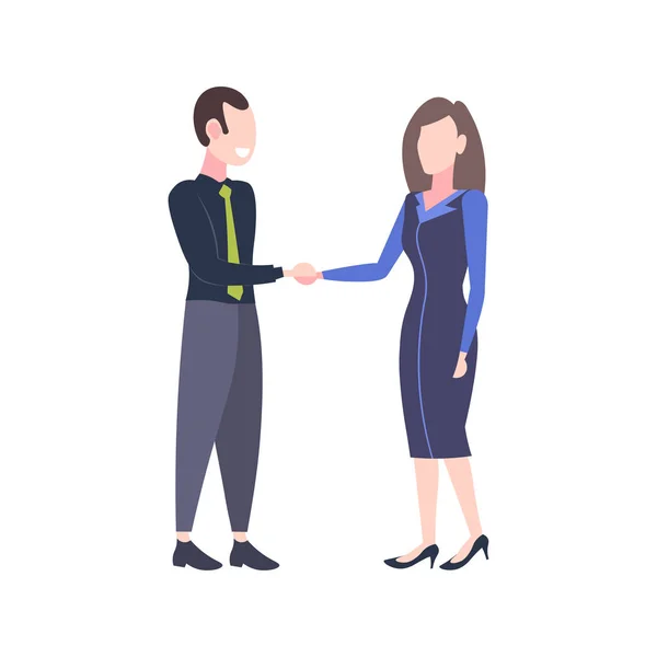 Ділові люди пара тремтять руками чоловік жінка бізнес партнери рукостискання угода партнерство концепція плоска повна довжина — стоковий вектор