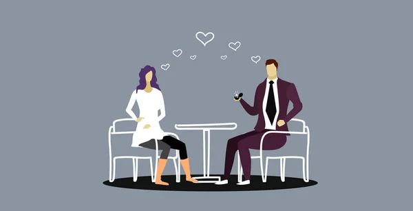 Homem segurando anel de noivado propondo a mulher se casar com ele feliz dia dos namorados casamento oferta conceito casal sentado na mesa do café esboço doodle comprimento total horizontal —  Vetores de Stock