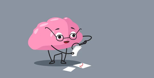 Bonito humano cérebro órgão rosa personagem cartoon analisando gráfico financeiro em documentos de papel brainstorming conceito de papelada estilo kawaii horizontal —  Vetores de Stock