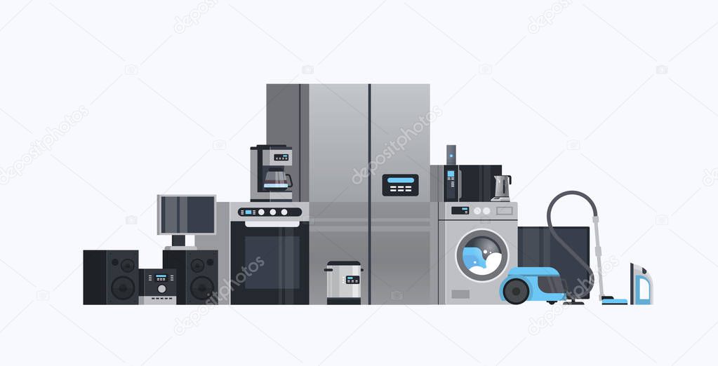 Set different home appliances electric house equipment collection flat horizontal vector illustration