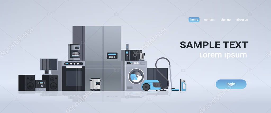 Set different home appliances kit electric house equipment collection flat horizontal copy space vector illustration