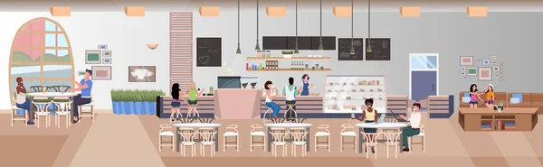 Aynı zamanda birlikte modern restoran iç düz bir zaman geçirmek içki insanlar kahve oturma Bar yatay Banner — Stok Vektör