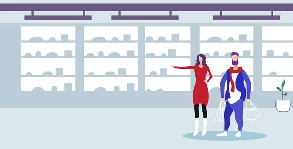 Casal homem mulher com sacos de papel conceito de compras moderno supermercado moda shopping interior esboço doodle horizontal comprimento total — Vetor de Stock
