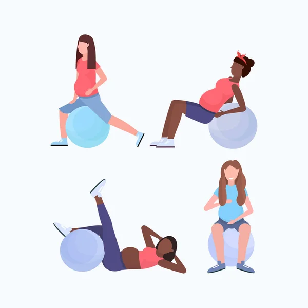 Set mix race pregnant women doing different exercises with gymnastic ball girl working out on fitball fitness pregnancy healthy lifestyle concept full length flat — Stock Vector