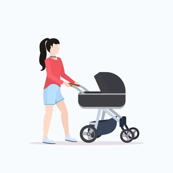 Young mother walking with her baby in stroller woman pushing pram with newborn child happy family motherhood concept flat full length — Stock Vector