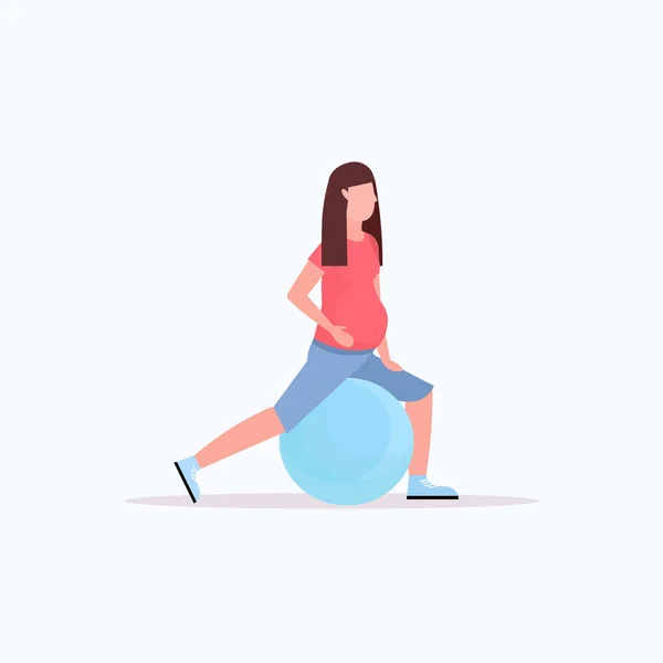 Вагітна жінка робить вправи з гімнастичним м'ячем дівчина працює на фітнес-фітнес вагітність здоровий спосіб життя концепція повної довжини плоска — стоковий вектор