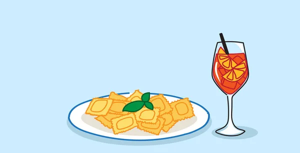 파스타 육즙 오렌지 과일 칵테일 레스토랑 음식 메뉴 개념 스케치 낙서 수평의 접시를 쌓아 — 스톡 벡터