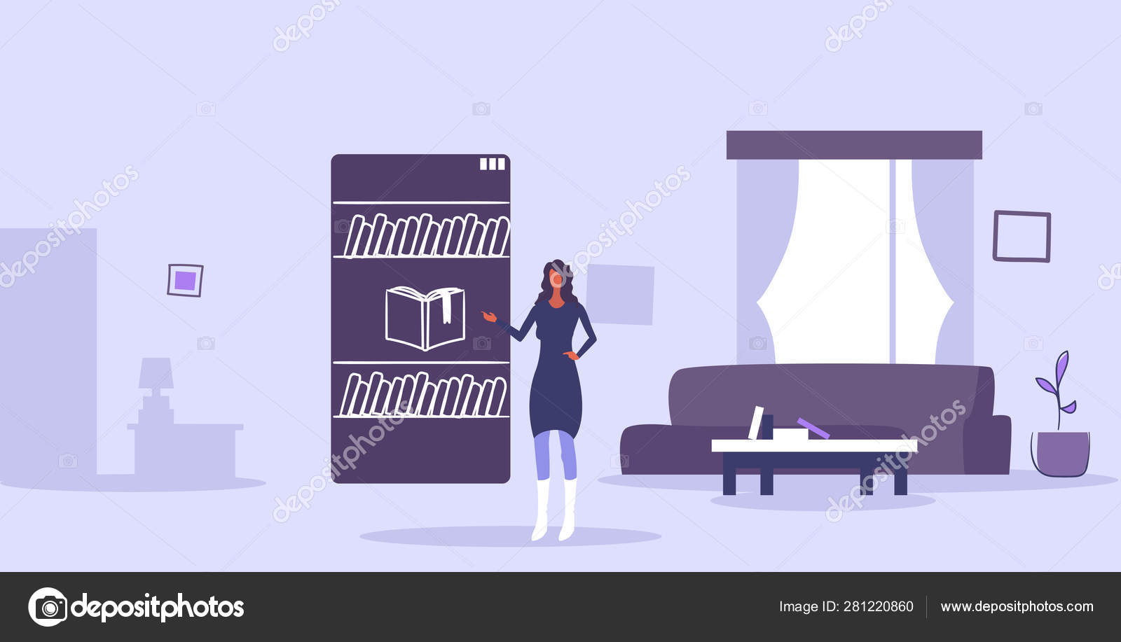 Woman Using Mobile App Online Librbary E Books In Smartphone