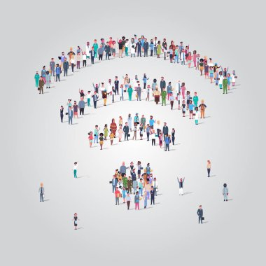 wifi simgesi sosyal medya topluluk kablosuz internet bağlantısı kavramı farklı meslek çalışanları grup birlikte tam uzunlukta ayakta şeklinde toplama insanlar kalabalık