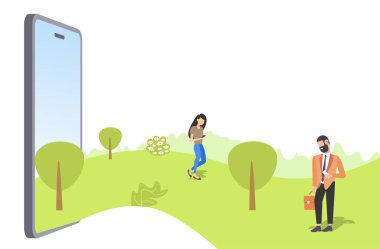 akıllı telefon ekran bağımlılık iletişim kavramı online mobil uygulama düz tam uzunlukta yatay yaz parkında eğlenmek akıllı telefonlar yürüyüş akıllı telefonlar erkek kadın kullanarak çift