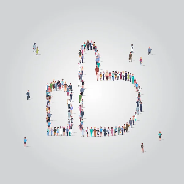 people crowd gathering in thumb up shape social media community successful feedback hand gesture concept different occupation employees group standing together full length vector illustration