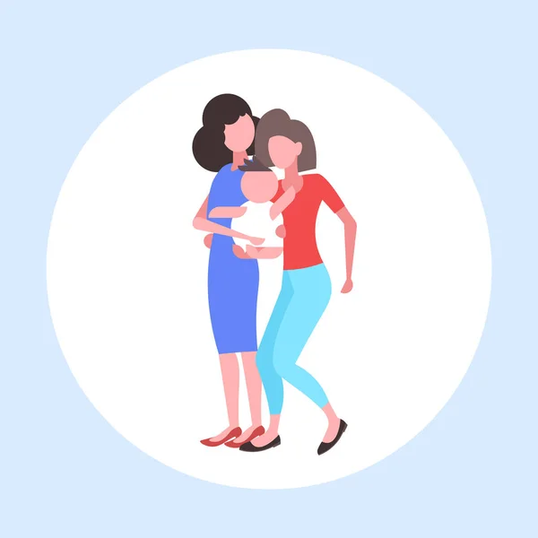 Two young mothers lesbians holding newborn baby son lgbt lesbian same sex couple with boy happy family having fun flat full length — Stock Vector