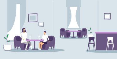 oğlu ile kafe masada kahve veya milkshakes aile içme oturan anne eğlenceli modern restoran iç kroki doodle yatay tam uzunlukta