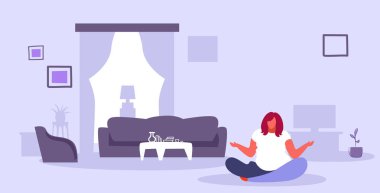 şişman kız oturan lotus katta obez üzerinde ağırlık kadın sakin yoga meditasyon kavramı modern oturma odası iç kroki doodle yatay tutmak poz