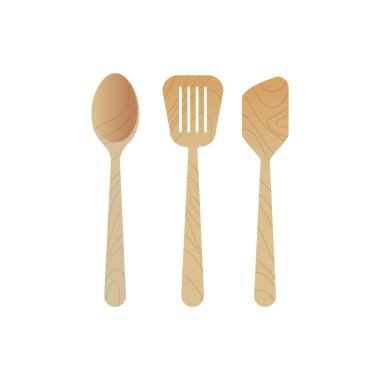 ahşap mutfak gereçleri pişirme araçları set spatula simgesi düz beyaz arka plan