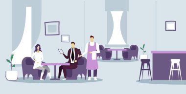 çift kafe ziyaretçileri erkek garson misafirperverliği ve hizmet kavramı modern restoran iç kroki doodle yatay sipariş veren restoran adam kadın oturan