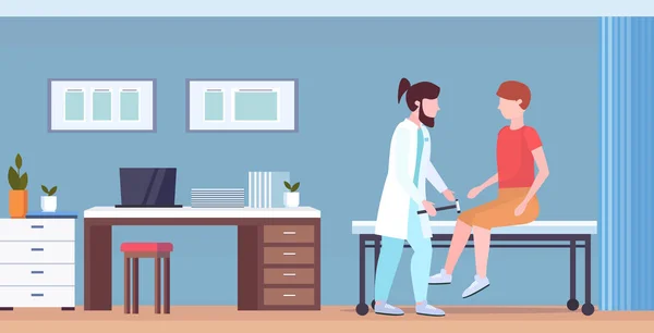 신경과 테스트 무릎 바보 남자 무릎 의사에 제복을 사용하여 hummer 검사 반사 를 사용하여 남성 환자 의학 의료 개념 현대 병원 사무실 내부 전체 길이 수평 — 스톡 벡터