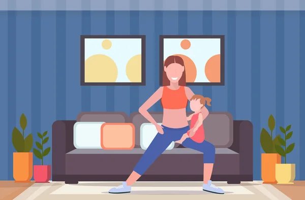 Mother with kid doing squats physical exercises at home sportswoman engaged in fitness or yoga with baby daughter healthy lifestyle concept modern bedroom interior flat full length horizontal — Stock Vector