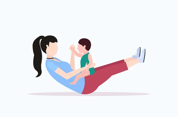 Madre e bambino che fanno esercizio fisico sportiva impegnata in fitness o yoga con bambino figlio concetto di stile di vita sano piatto a tutta lunghezza — Vettoriale Stock