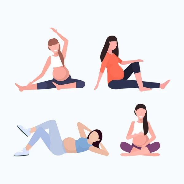 Set donna incinta facendo diversi esercizi di fisioterapia ragazze che lavorano fuori fitness gravidanza stile di vita sano concetto di raccolta full length piatta — Vettoriale Stock