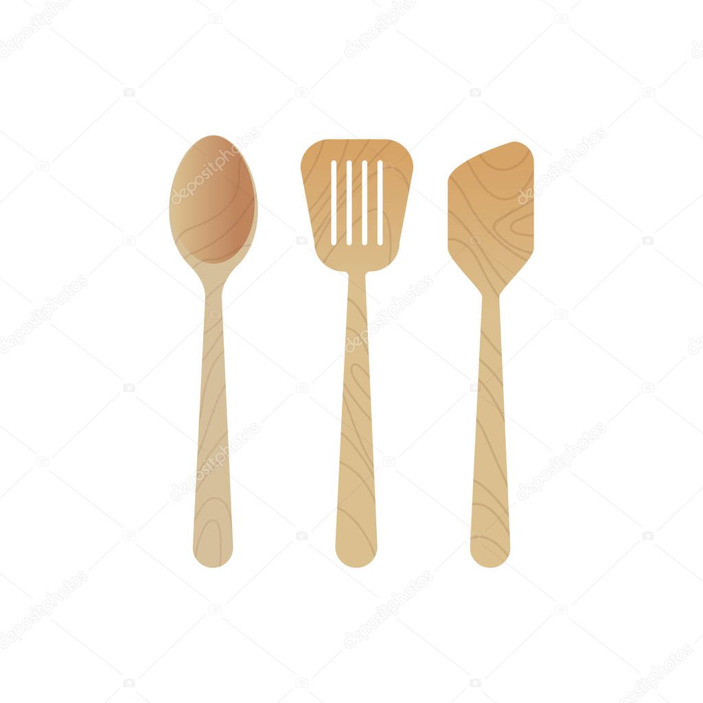 wooden kitchen utensils cooking tools set spatula icon flat white background
