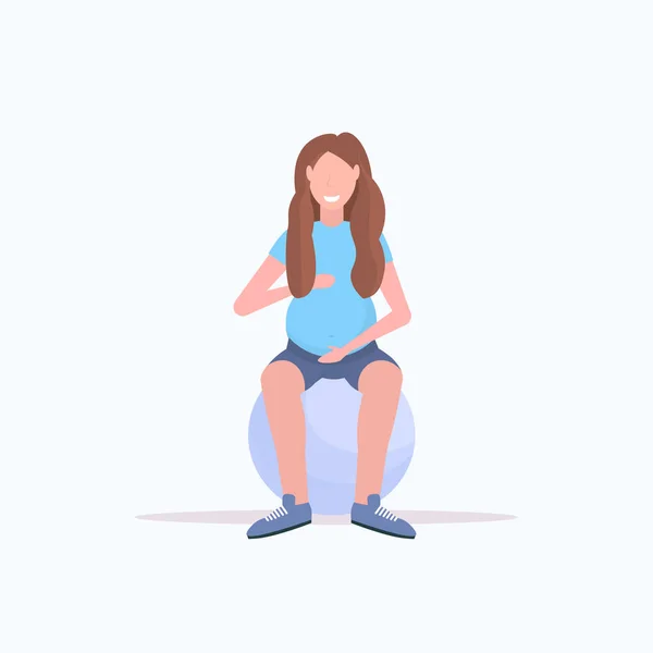 Mujer embarazada haciendo ejercicios con la chica de la bola de gimnasia haciendo ejercicio en fitball fitness embarazo estilo de vida saludable concepto de longitud completa plana — Vector de stock