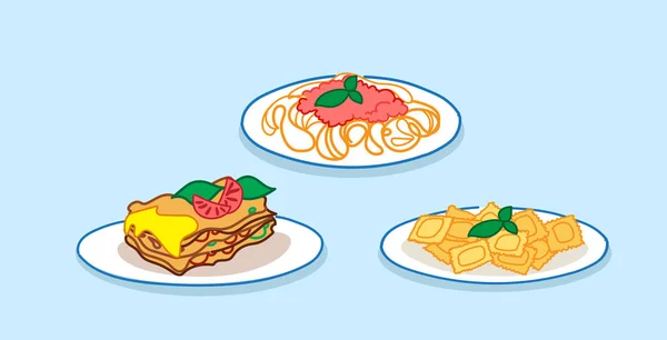 Set spaghetti pasta lasanha com manjericão e molho de tomate restaurante italiano coleção de alimentos esboço doodle horizontal — Vetor de Stock